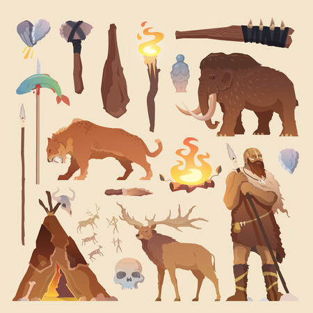 Great vector set of elements for your projects. Primitive man. Ice age. Cavemen. Stone age. Neanderthals. Homo sapiens. Extinct species. Evolution. Hunting Flat design.のイラスト素材