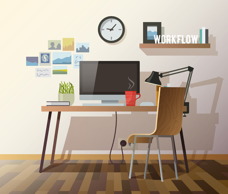 Workplace in sunny room. Stylish and modern interior.Quality design illustration, elements and concept. Flat style.3のイラスト素材