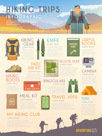 Vector infographics on the theme of Climbing, Trekking, Hiking, Walking. Sports, outdoor recreation, adventures in nature, vacation. Modern flat designのイラスト素材