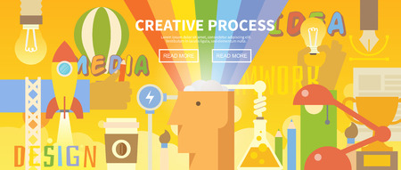 Vector web banner on the theme of Creative process. Creativity. Brainstorm. Teamwork. Modern flat design.のイラスト素材