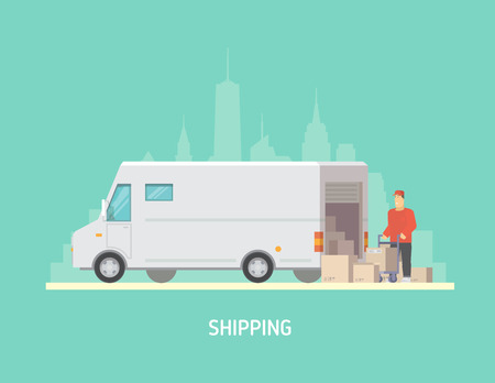 Vector illustration on the theme of Logistics, Warehouse, Freight, Cargo Transportation. Storage of goods, Insurance. Modern flat design.のイラスト素材