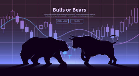 Stock exchange trading banner. The bulls and bears struggle. Equity market concept illustration. Modern flat design.のイラスト素材