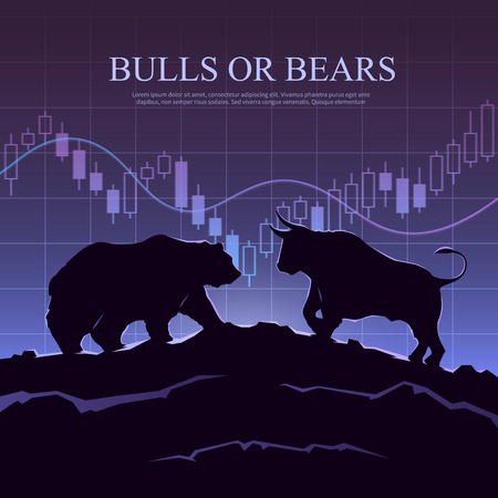 Stock exchange trading banner. The bulls and bears struggle: what type of investor will you be. Stock market concept illustration. Modern flat design.のイラスト素材