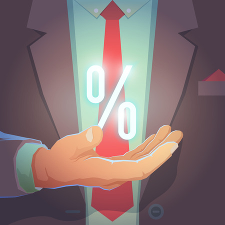Businessman give you secret about successful business. Formal wear and background. Businessman in his office holding with powerful light in his hand. Symbol of percent. Vector illustration.のイラスト素材