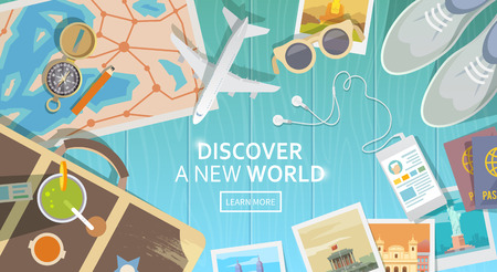 Flat vector web banner on the theme of travel , vacation, adventure. Preparing for your journey. Outfit of modern traveler. Objects on wooden background. Top view. Discover a new world.