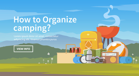 Vector flat web banner on the theme of Climbing, Trekking, Hiking, Walking. Sports, Camping, outdoor recreation, adventures in nature, vacation. Modern flat design. Camping illustrationのイラスト素材