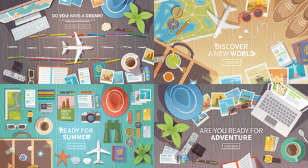 Flat vector web banners set on the theme of travel , vacation, adventure. Preparing for your journey. Outfit of modern traveler. Objects on wooden background. Top view. Ready for Summer. 1のイラスト素材