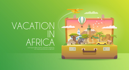 Travel to Africa. Road trip. Tourism. Old suitcase with landmarks. Advertising web banner. Modern flat design.のイラスト素材