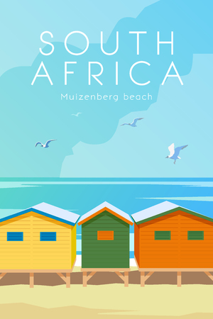 Vector retro poster. Muizenberg beach. Holidays in Cape town, South Africa. Travel poster. Flat design.のイラスト素材