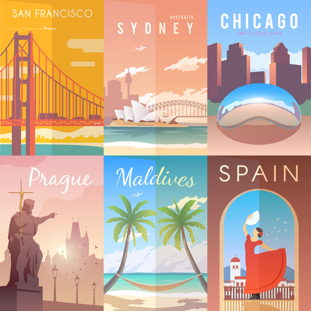 Vector retro posters set. San Francisco, USA. Sydney, Australia. Chicago USA Prague Czech Republic Maldives Spainのイラスト素材