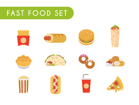 Set of flat color icons. Fast food: French fries, French hot dog, hamburger, soda, roll, chips, tacos, donuts chicken nuggets popcorn hot dog pizzaのイラスト素材