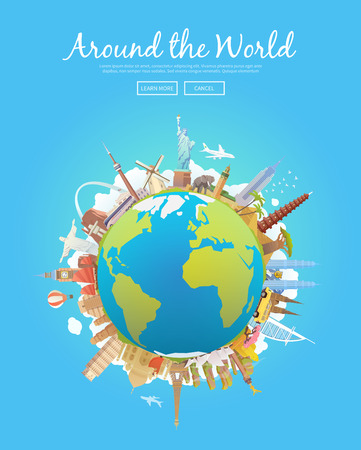 Travel the world - landmarks illustration on the globe.のイラスト素材