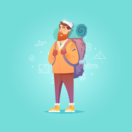 Young man walking alone. Adventure travel. Summer vacation. Around the world. Cartoon style. Vector illustration.のイラスト素材