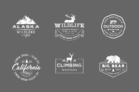 Set of premium labels on the themes of wildlife, nature, hunting, travel, wild nature, climbing, camping, life in the mountains, survival Retro, vintage, casual designのイラスト素材