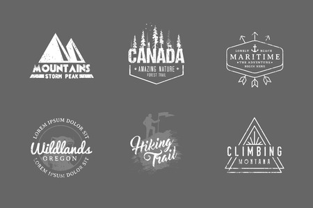 Set of premium labels on the themes of wildlife, nature, hunting, travel, wild nature, climbing, camping, life in the mountains, survival Retro, vintage, casual designのイラスト素材