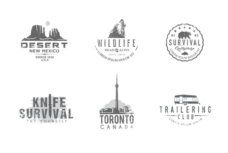 Set of premium labels on the themes of wildlife, nature, hunting, travel, wild nature, climbing, camping, life in the mountains, survival Retro, vintage, casual designのイラスト素材