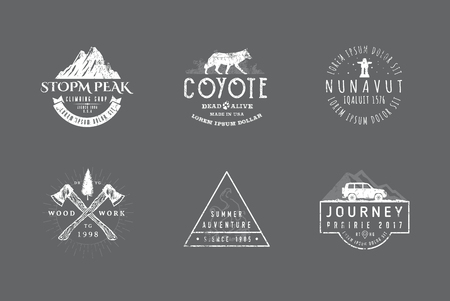 Set of premium labels on the themes of wildlife, nature, hunting, travel, wild nature, climbing, camping, life in the mountains, survival Retro, vintage, casual designのイラスト素材