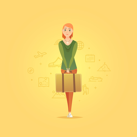 Young woman stand with suitcase. Young girl traveler. Adventure travel. Summer vacation. Around the world. Cartoon style. Vector illustration.の写真素材