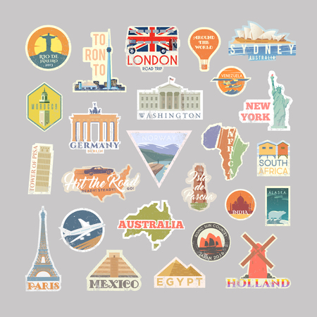 Collection of Vector stickers with famous monuments and landmarks. Travel vector logo set. Retro flat design. EPS 10.のイラスト素材