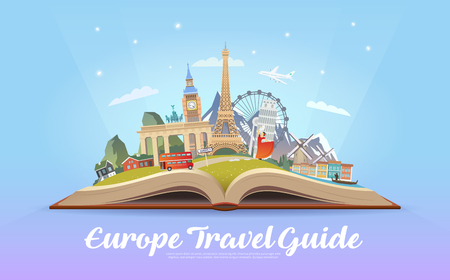 Travel to Europe. Road trip. Tourism. Open book with landmarks. Europe Travel Guide. Advertising web illustration. Summer vacation. Travelling banner. Modern flat design. EPS 10.のイラスト素材