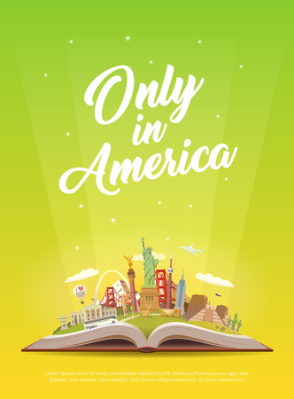 Travel to America. Open book with landmarks.の写真素材
