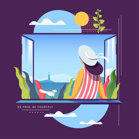 Young woman sitting on the window alone.のイラスト素材