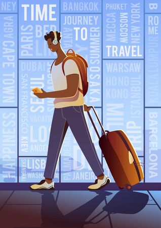 Time to travel. Summer Vacation. A Treveller in an airport. Around the world. Vector flat modern poster.のイラスト素材
