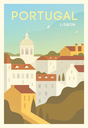 Beautiful cityscape in sunny day in Portugal with historical buildings, trees, street. Time to travel. Around the world. Quality vector poster. Lisbon.のイラスト素材