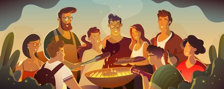 people and food concept - happy friends having meat for dinner at summer garden party at night.のイラスト素材