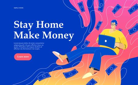 Flat vector concept illustration on the themes: freelance, make money at home, earn in internet, success, remote work. A freelancer working at home. Creative landing web page design image.のイラスト素材