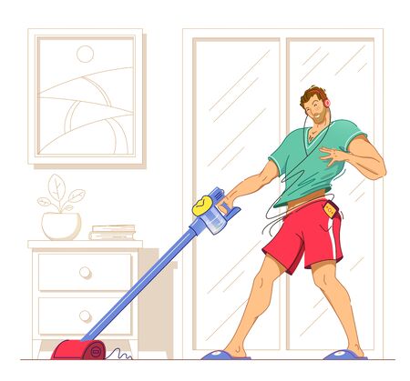 Happy man cleaning home,dancing with vacuum cleaner and having fun, copy space. Vector illustration.のイラスト素材