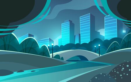 Night city. Calm and beautiful park with river and bridge.Cityscape. Landscape.のイラスト素材