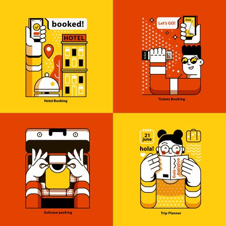 Set of four vector illustration. Hotel booking.のイラスト素材