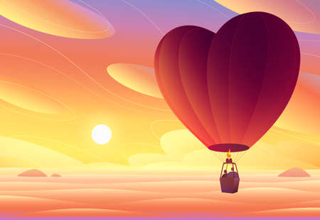 Lovers fly in a hot air balloon. Sunset.のイラスト素材