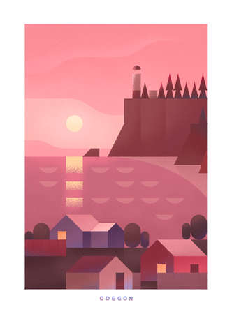 Simple minimalistic travel posters with grain effect. National parks of the USA and landmarks. road trip. Oregon.の写真素材
