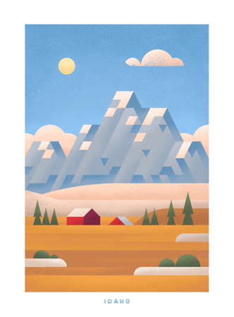 Simple minimalistic travel posters with grain effect. National parks of the USA and landmarks. road trip. Idaho.の写真素材