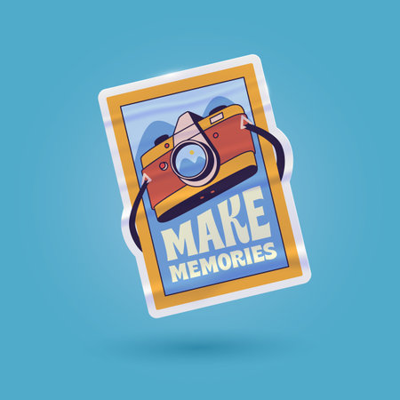 Outdoors Vector Retro Sticker, Pin, Stamp, Patch. Realistic hand drawn illustration concept. Trendy Cartoon style of 50s 60s 70s. Adventure, Hiking, Camping, Summertime themes. Make Memories. camera.のイラスト素材