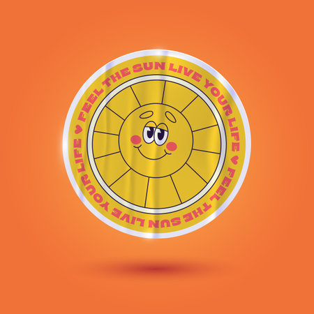 Outdoors Vector Retro Sticker, Pin, Stamp, Patch. Realistic hand drawn illustration concept. Trendy Cartoon style of 50s 60s 70s. Adventure, Hiking, Camping, Summertime themes. Smiling Sun. Relaxation.のイラスト素材
