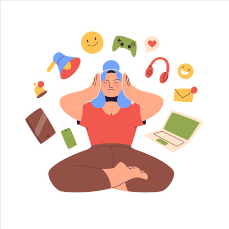 Digital Detox Concept. Disconnecting. Social Media Detox. Life without gadgets. internet addiction. Habit of using Gadgets, Internet, Social network. Trendy Vector Illustration. girl in lotus positionのイラスト素材