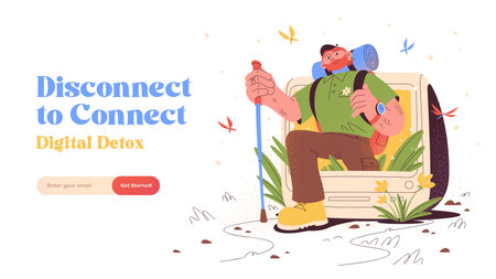 Vector illustration concept of web page design for website and mobile website development. landing page. Digital Detox Concept. Social Media Detox. Life without gadgets. internet addiction. Hiker.のイラスト素材