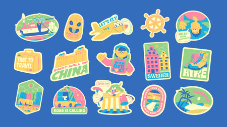 Travel Vector Retro Stickers Packのイラスト素材