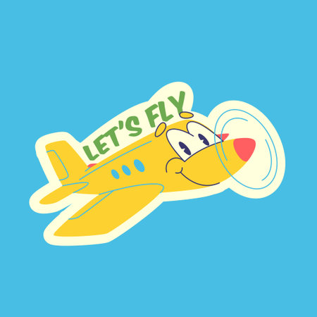 Travel Vector Retro Sticker, Pin, Stamp, Patch. Cartoon airplane flying through the sky.のイラスト素材