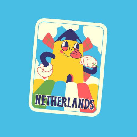 Travel Vector Retro Sticker, Pin, Stamp, Patch. A cartoon netherlands windmill is sniffing a tulip. A field with tulips.のイラスト素材