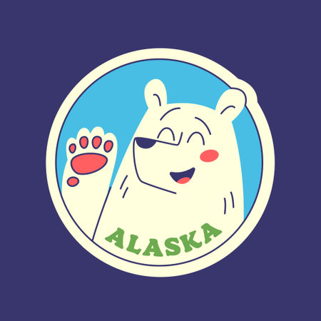 Travel Vector Retro Sticker, Pin, Stamp, Patch. A smiling white polar bear smiles and waves his paw. Alaska.のイラスト素材