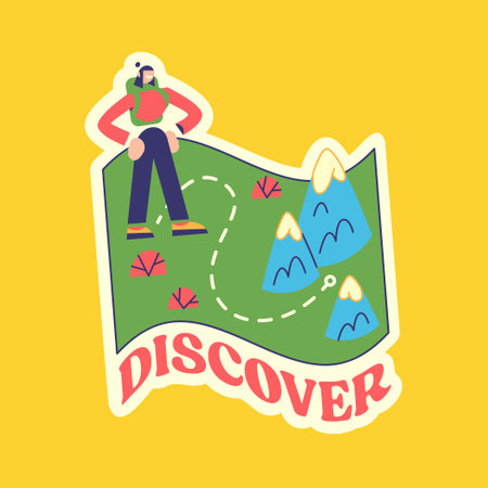 Travel Vector Retro Sticker, Pin, Stamp, Patch. A girl discovers uncharted lands. Cartoon map.のイラスト素材