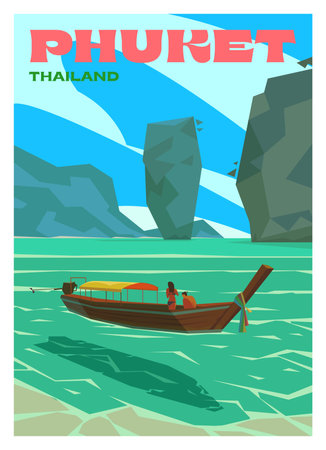 A mesmerizing view of Phang Nga Bay of the Andaman Sea. National Park. Traditional Thai motor boat. Phuket, Thailand.のイラスト素材