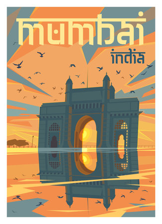 A view of the Gateway of India in the setting sun. The harbour of the city of Mumbai.のイラスト素材