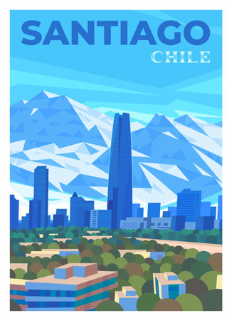 A breathtaking mountain view of the center of Santiago, the capital of Chile.のイラスト素材