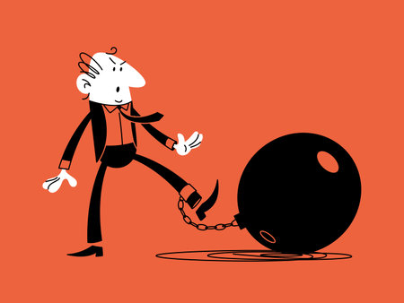 A businessman in a classic suit is tied to a load that symbolizes financial debt. Vector doodle illustration.のイラスト素材