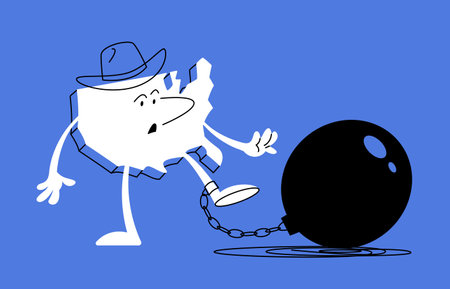 Vector doodle illustration. US character trying to get rid of a weight tied to his leg. Metaphor of the US government debt.のイラスト素材